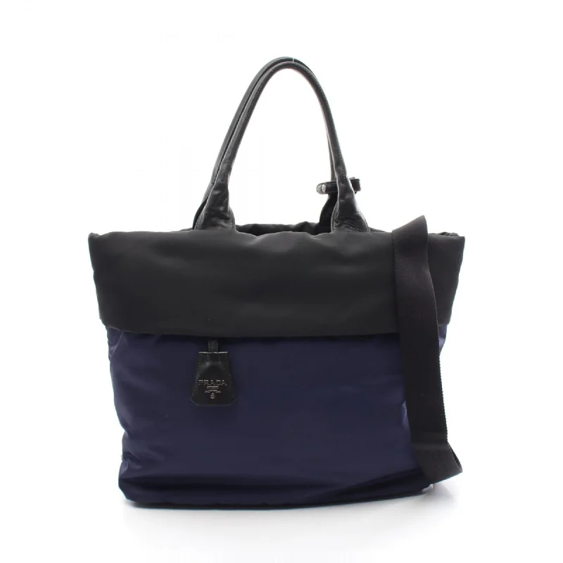 Pink satin tote bag for school-Prada  Navy Nylon Leather Tote Bag (Pre-Owned)