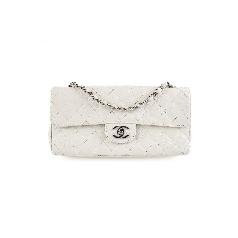 Oversized beige handbag for busy moms-Chanel White Caviar East West Flap Shoulder Bag