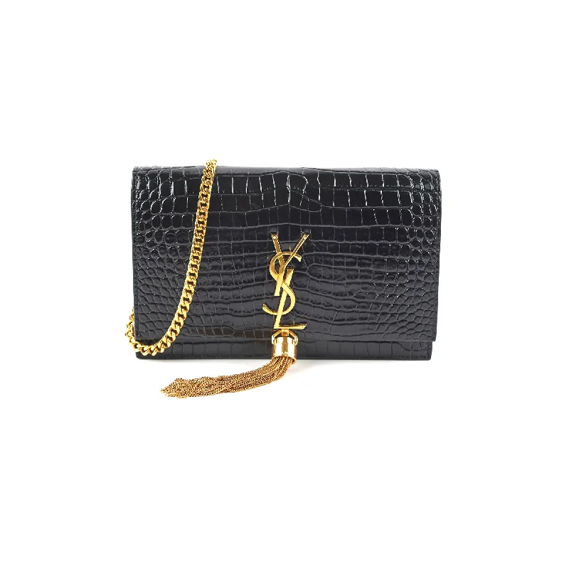 Black suede handbag for office flair-Saint Laurent Kate Tassel Black Wallet On Chain WOC