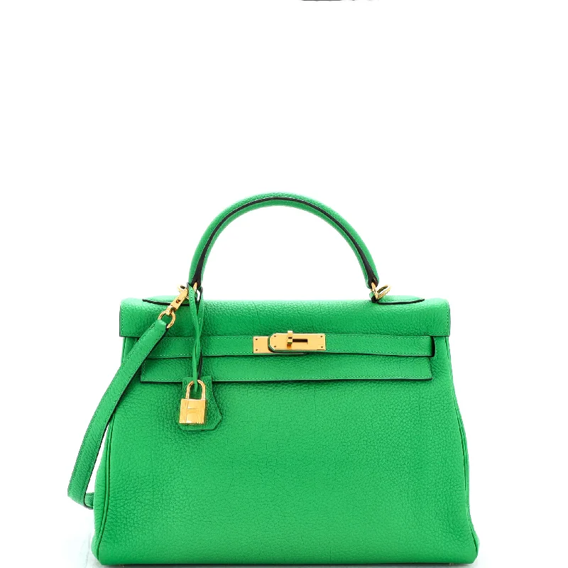 Green canvas shoulder bag for teens-Kelly Handbag Bamboo Togo with Gold Hardware 32