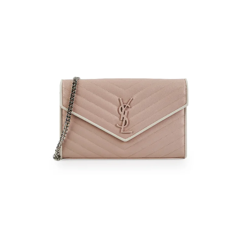 Olive green handbag with leather straps-Saint Laurent Envelope Pink Wallet On Chain WOC