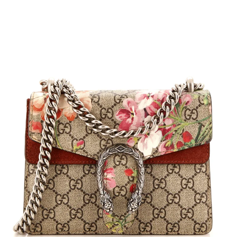 Beige velvet shoulder bag for teens-Dionysus Bag Blooms Print GG Coated Canvas Mini