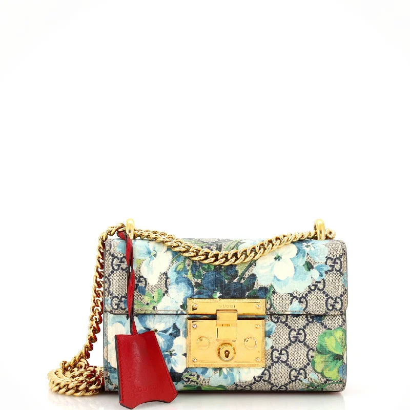 Blue suede shoulder bag for moms-Padlock Shoulder Bag Blooms Print GG Coated Canvas Small