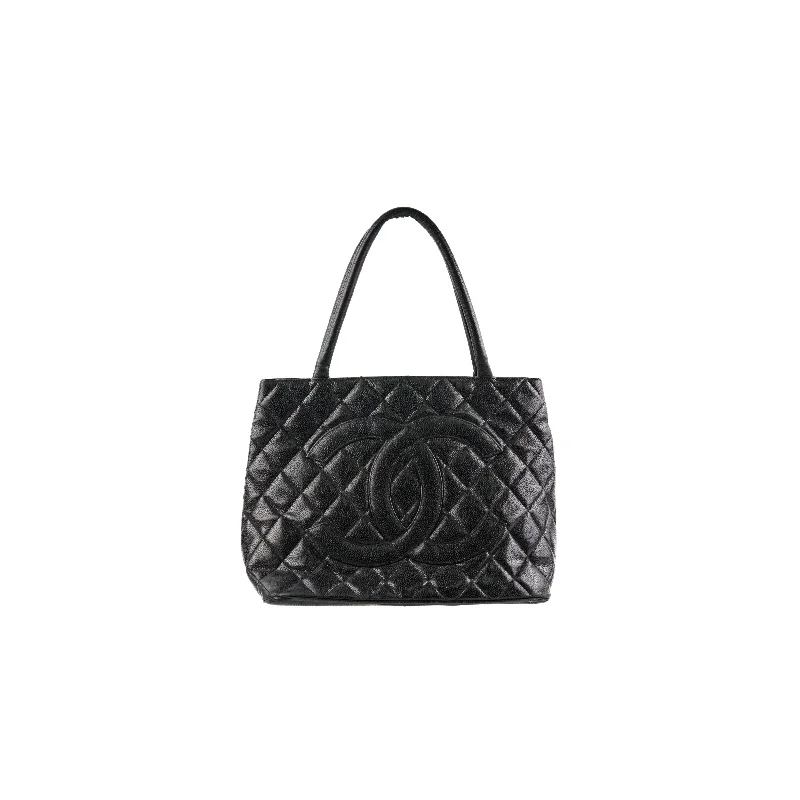 Suede blue handbag for party flair-Chanel Medallion Caviar Tote Black