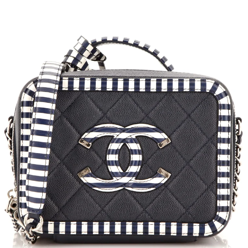 Denim black shoulder bag for daily-Filigree Vanity Case Quilted Caviar with Striped Leather Medium