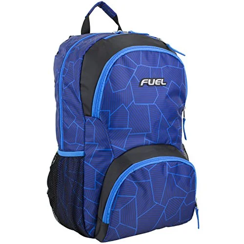 backpack with safe ties -Fuel Valor Everyday Backpack With Interior Tech Sleeve, Black/Royal Blue Geo Print