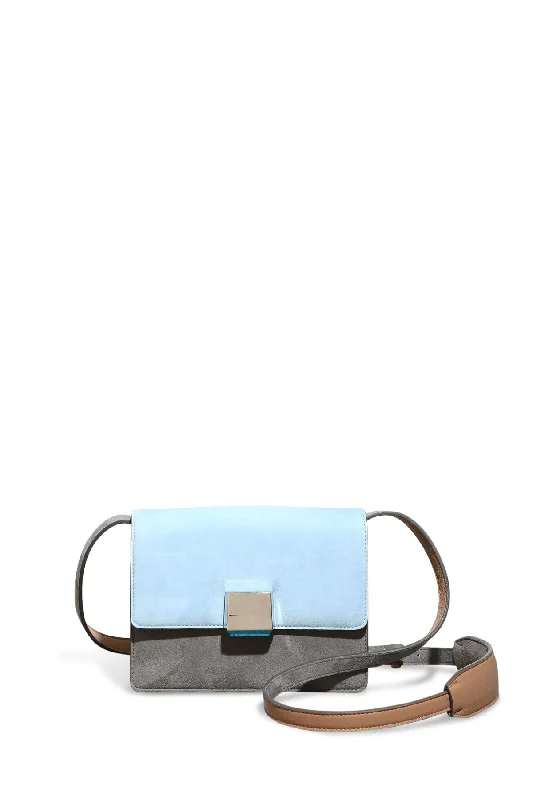 Blue quilted shoulder bag for business-Mercedes Shoulder Bag in Grey, Light Blue & Nude Suede and Nappa Leather