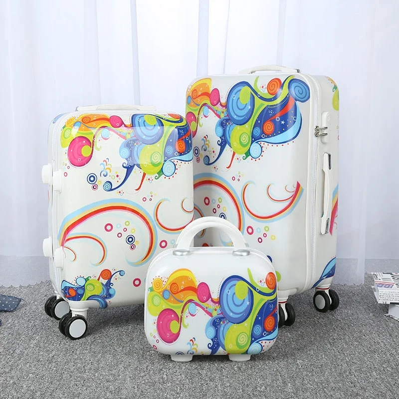 suitcase with expandable sections -Cartoon Luggage Female Universal Wheels Trolley Luggage Travel Bag14 20 24 Password Box Child