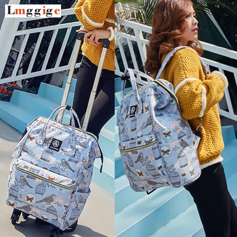 backpack with sleek straps -Women Rolling Luggage Bag,Canvas Travel Backpack,Suitcase With Wheel,Multifunctional Trolley