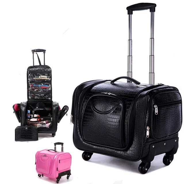 suitcase with robust zippers -Travel Tale Black Crocodile Rolling Luggage 19 Inch Multifunction Pu Leather Suitcase Wheels