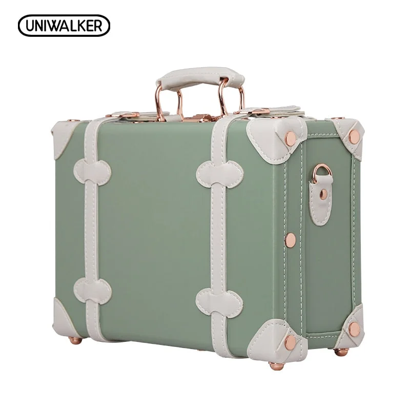 suitcase with agile wheels -Uniwalker 12" Matcha Green Waterproof Vintage Luggage Small Suitcase Floral Decorative Box With