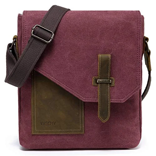 Green quilted crossbody bag for office-Small Messenger Bag for Women,VASCHY Vintage Canvas Leather Lightweight Crossbody Bag Burgundy