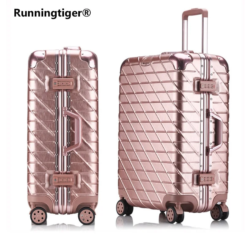 suitcase with firm zippers -Aluminum Frame Travel Luggage 20"24"29" Travel Suitcase Woman Suitcase Metal Wrap Angle Drawing