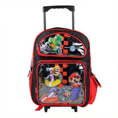 backpack with tight straps -16" Large Super Mario Bros Roller Backpack - Red Checkered Rolling Wheeled Bag