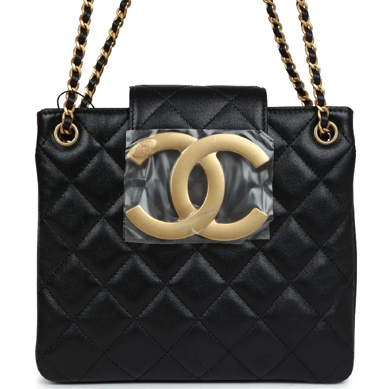 Red satin shoulder bag for parties-Chanel Small Quilted CC Shoulder Bag Black Lambskin Antique Gold Hardware