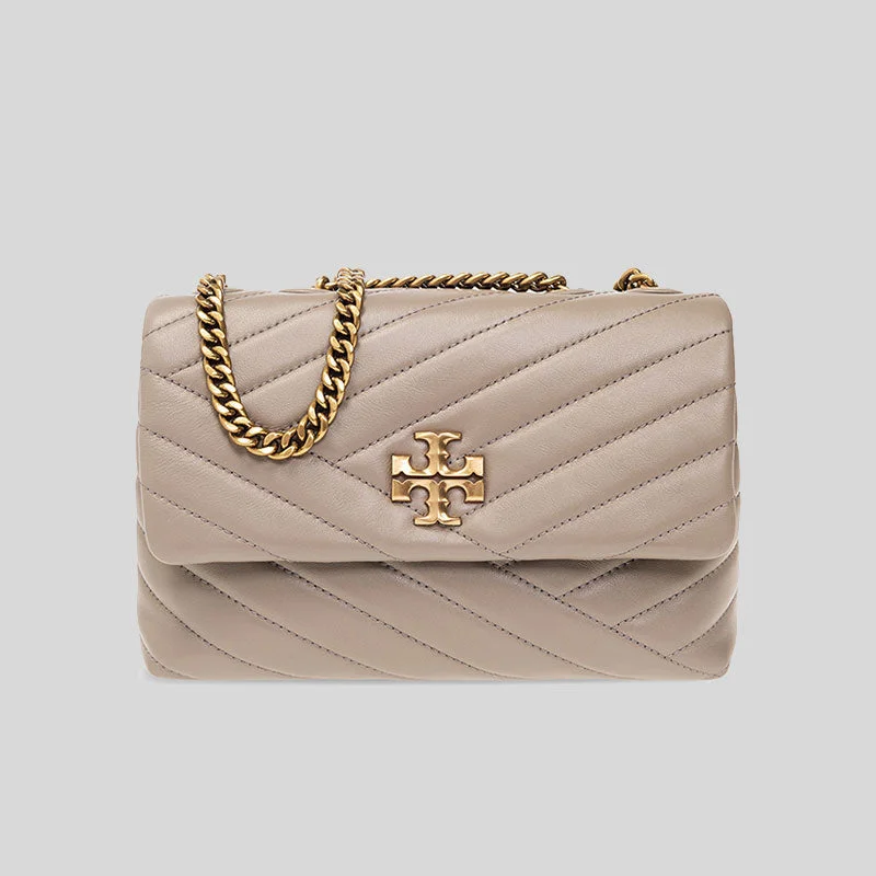 Green leather shoulder bag for office-TORY BURCH Kira Small Chevron Convertible Shoulder Bag Gray Heron RS-90452