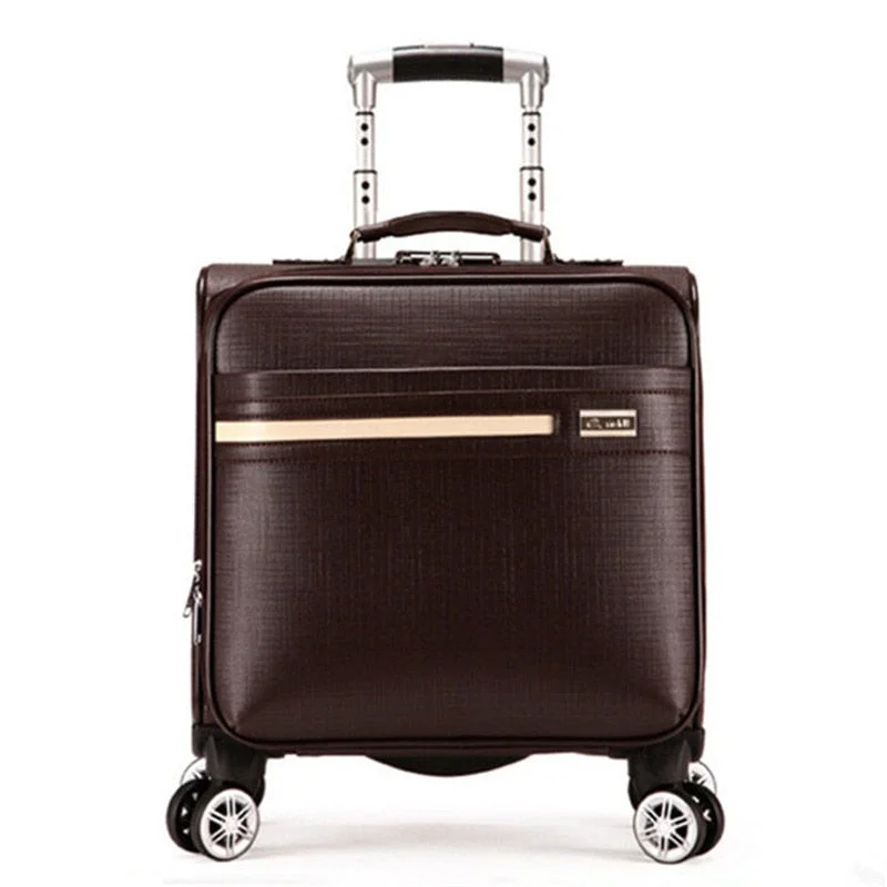 suitcase for transatlantic flights -16-Inch New Pu Leather Trolley Suitcase Spinner Wheels Boarding Box Men Women Business Travel