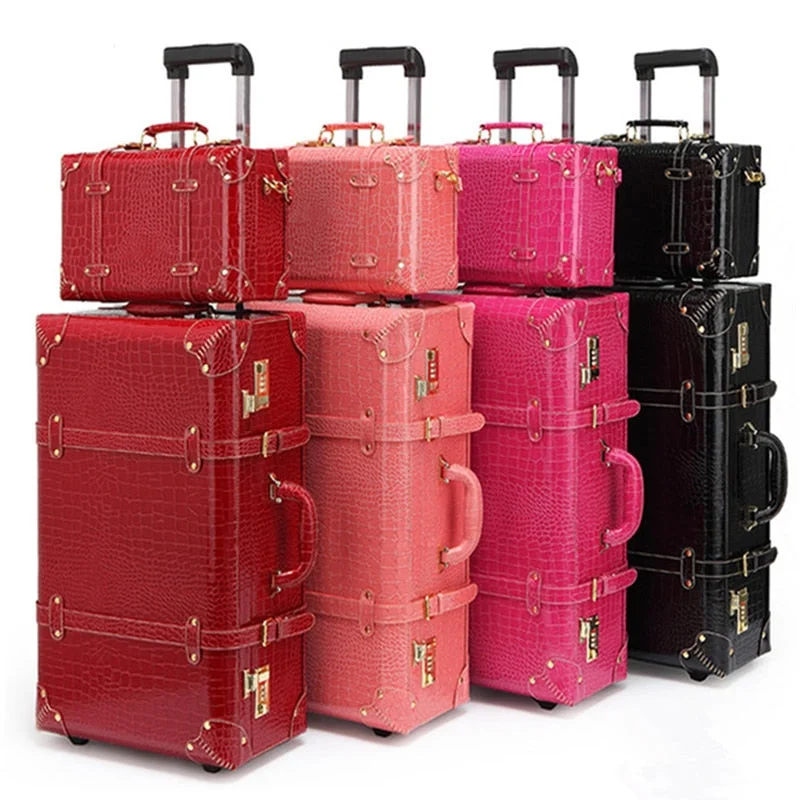 suitcase for affordable getaways -Retro Suitcase Set Red Trolley Case Female Cosmetic Suitcase Universal Wheel Dowry Box Bride