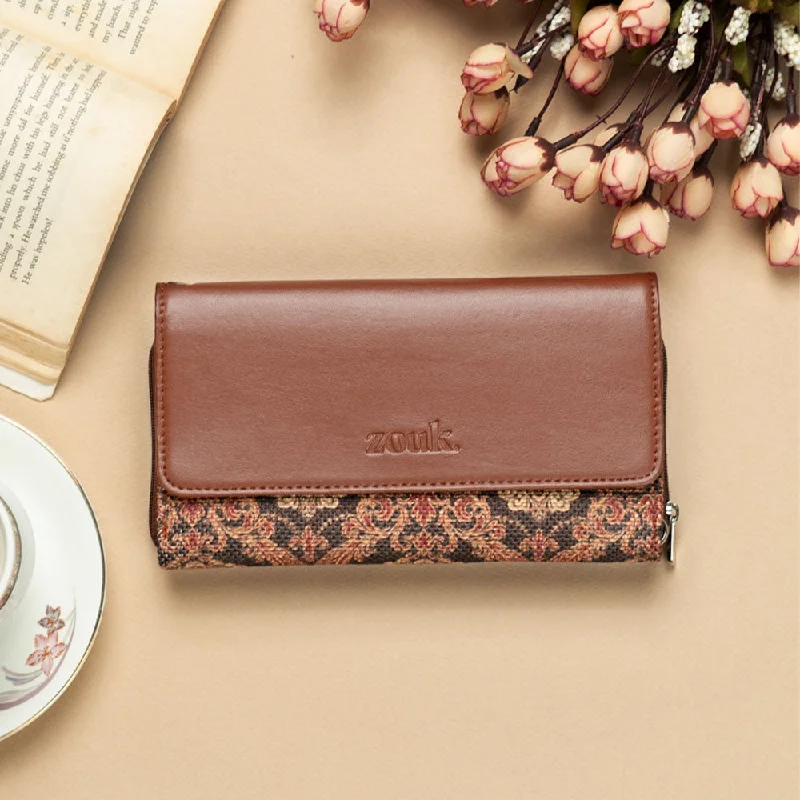 Beige canvas wallet for travel-Jodhpur Damask Wristlet Wallet