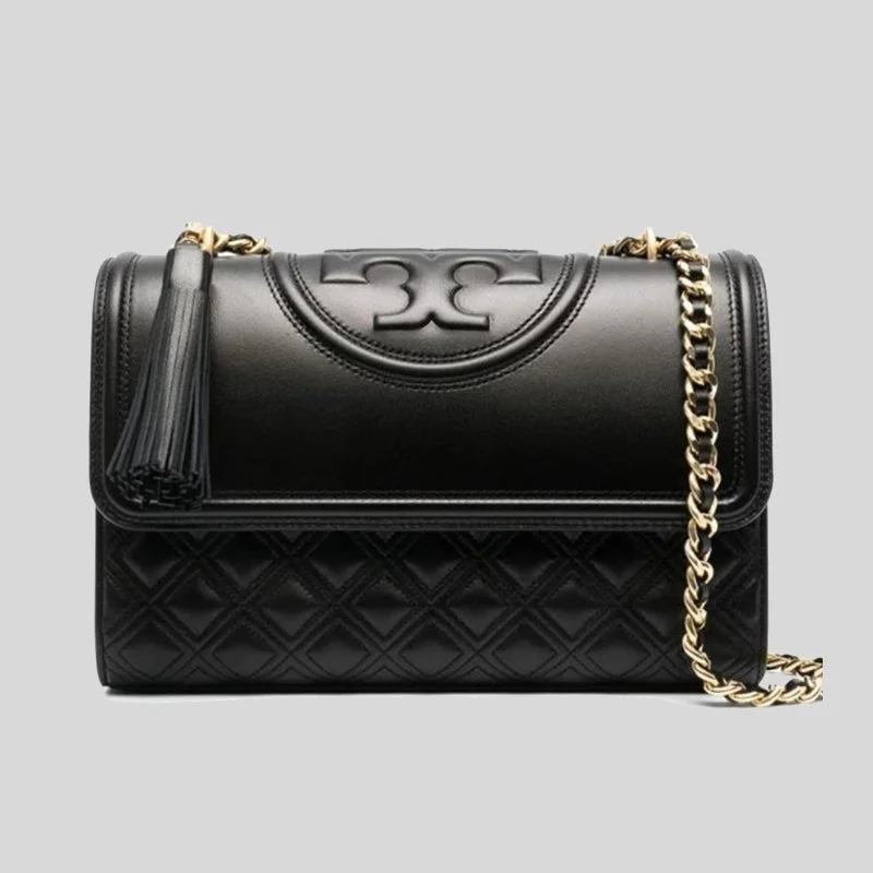 Beige leather shoulder bag for shopping-Tory Burch Fleming Convertible Shoulder Bag Black RS-76997