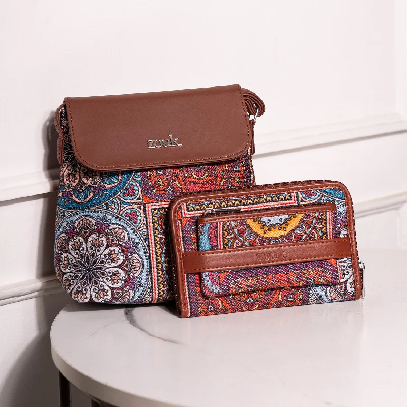 Black satin purse for daily-Multicolor Mandala Print - Flap Sling Bag & Classic Zipper Wallet Combo