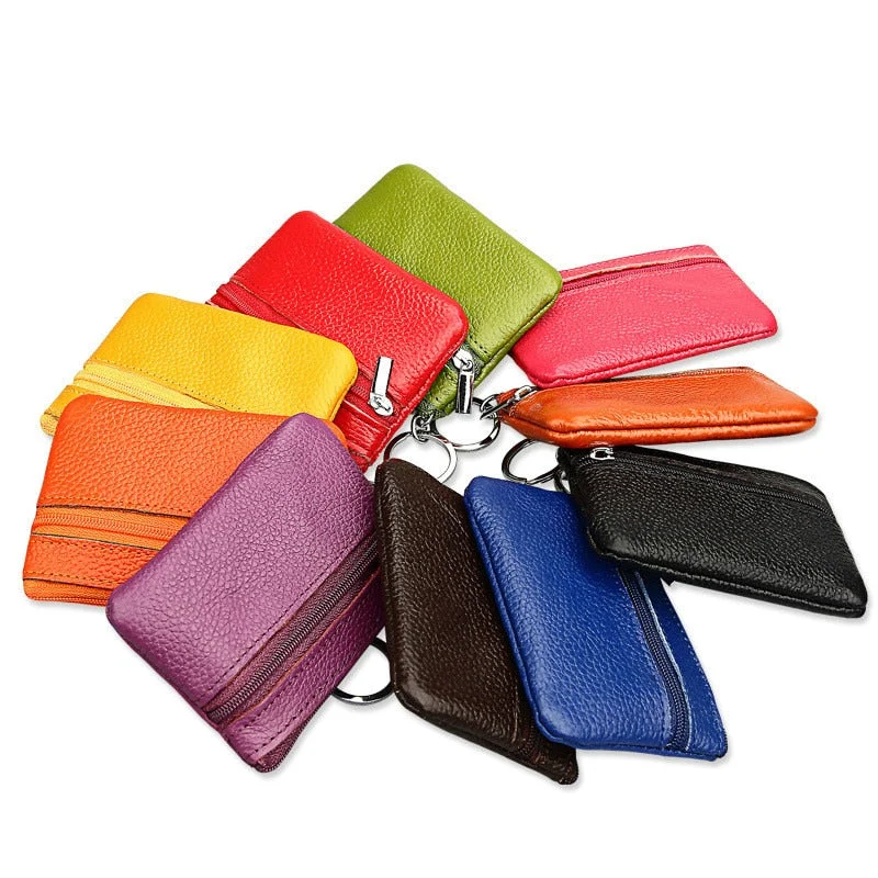 Red leather purse for office-Women Men Genuine Leather Coin Purse / Key Wallet 2018 New Fashion Zipper Mini Handbag Card Holders