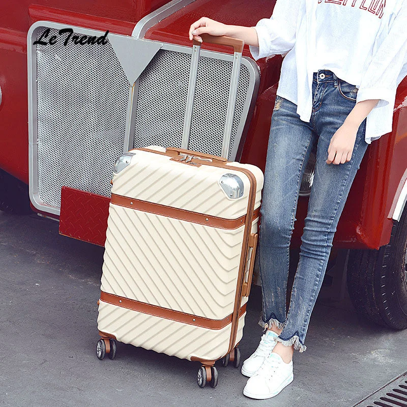 suitcase with roomy compartments -Letrend Women Vintage Rolling Luggage Spinner Suitcases Wheel Trolley Travel Bag Student Carry On