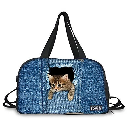 duffel bags with hard lining -Hugsidea Funny Pet Cat Head Patteran Outdoor Travel Duffel Batg Jeans Blue Sport Handbag For Women