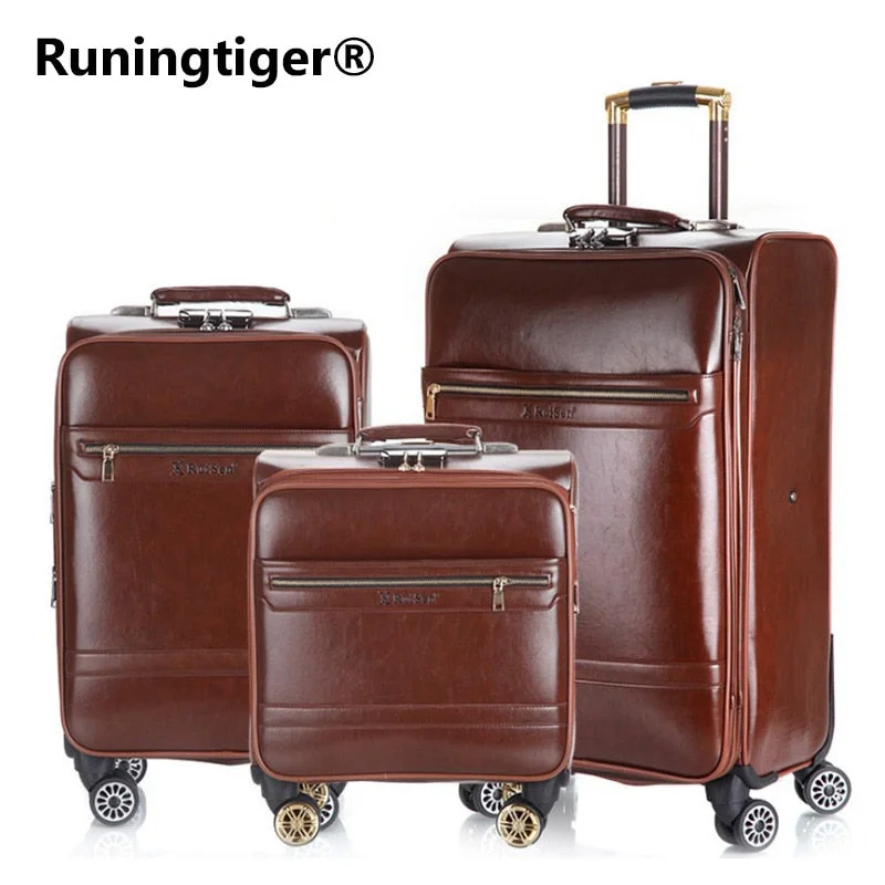 suitcase for active flyers -Men'S And Women'S Travel Luggage Waterproof Pu Suitcase 16" 20" 24" Leather Travel Case Pulley Cart