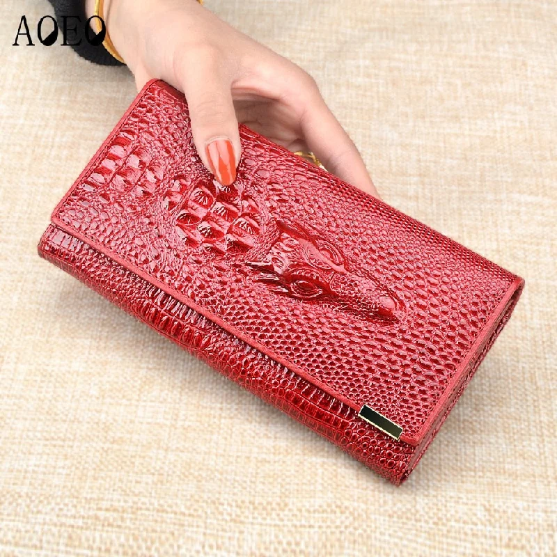 Black nylon purse for daily-Aoeo Women Lock Wallet Female Handbag Money Coin Purses Holder Genuine Leather Pu 3D Alligator