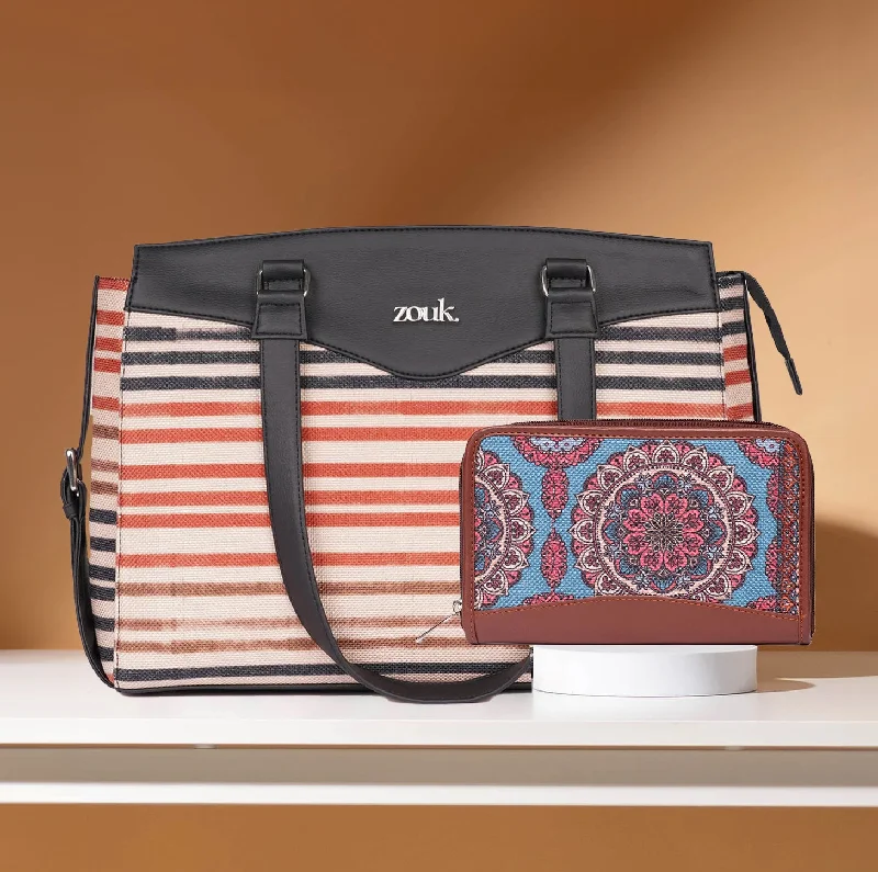 Red suede purse for parties-Qutub Stripes & Multicolor Mandala Print - Women's Work Bag & Chain Wallet Combo