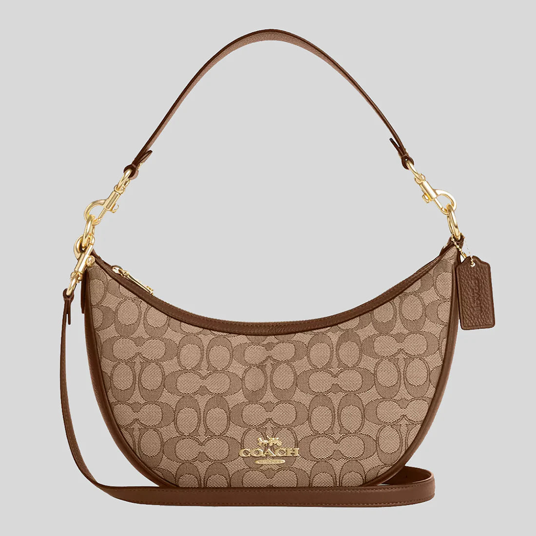 Beige velvet shoulder bag for parties-COACH Aria Shoulder Bag In Signature Jacquard Khaki/Saddle Multi RS-CO997