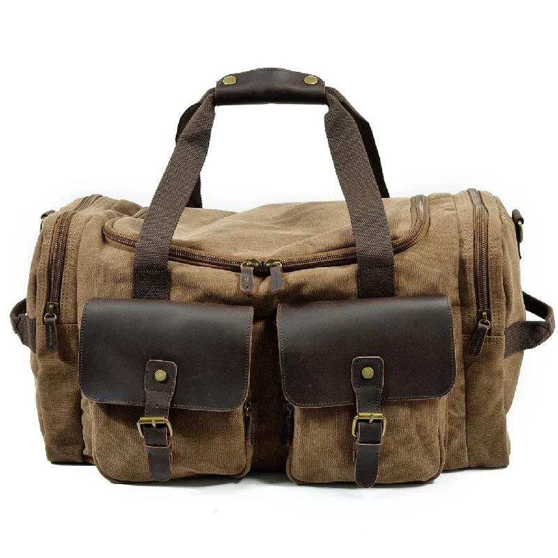 Man Vintage Military Travel Duffel Bag Multi-Pocket Canvas Overnight Bag Leather Weekend Carry On