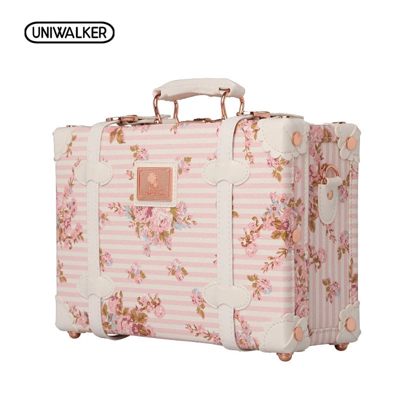 suitcase with clean contours -Uniwalker 12" 13" Inch Waterproof Vintage Trunk Box Case Bag Luggage Small Suitcase Floral