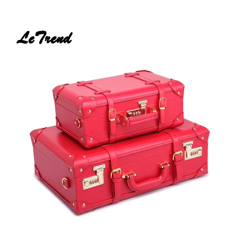 suitcase for long-haul travel -Letrend Red Wedding Suitcase Wheels Women Vintage Leather Trolley Travel Bag Student Password Trunk