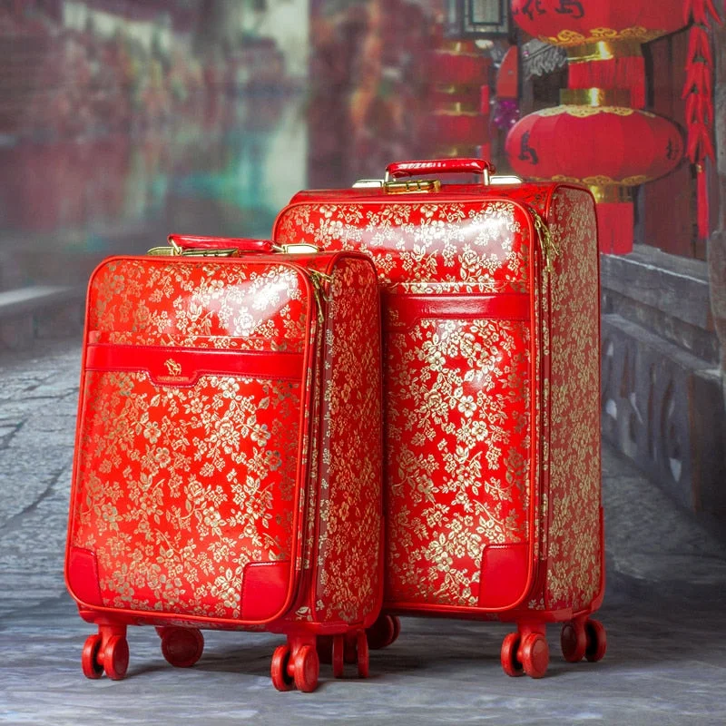 suitcase for aged styles -Red Marry Vintage Luggage Trolley Suitcase Universal Wheels Travel Bag Travel Box Luggage,Female