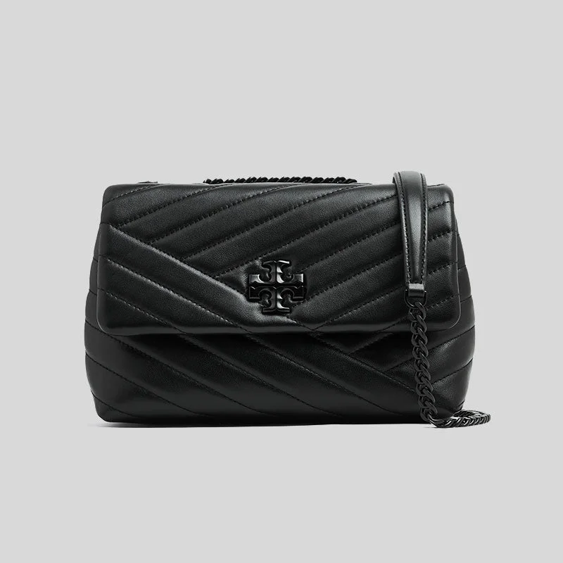 Pink quilted shoulder bag for weddings-TORY BURCH Kira Small Chevron Convertible Shoulder Bag Black/Silver RS-90856