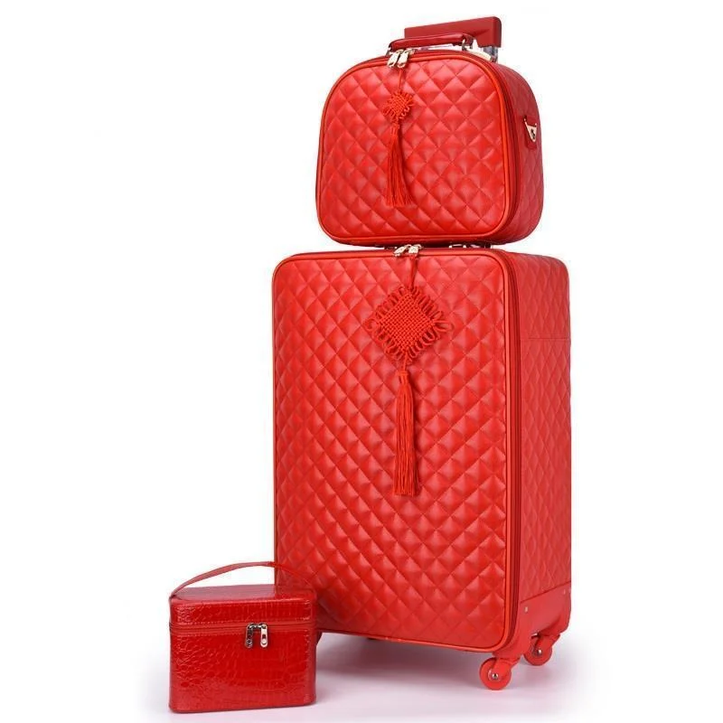 suitcase with smooth styles -Red Suitcase Wedding Trolley Case Woman Luggage Bride Dowry Box Classic Travel Suitcase Set Spinner