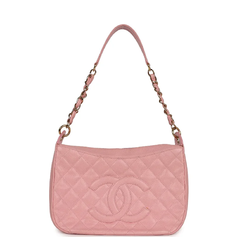 Satin white shoulder bag for parties-Vintage Chanel Timeless Shoulder Bag Pink Caviar Gold Hardware