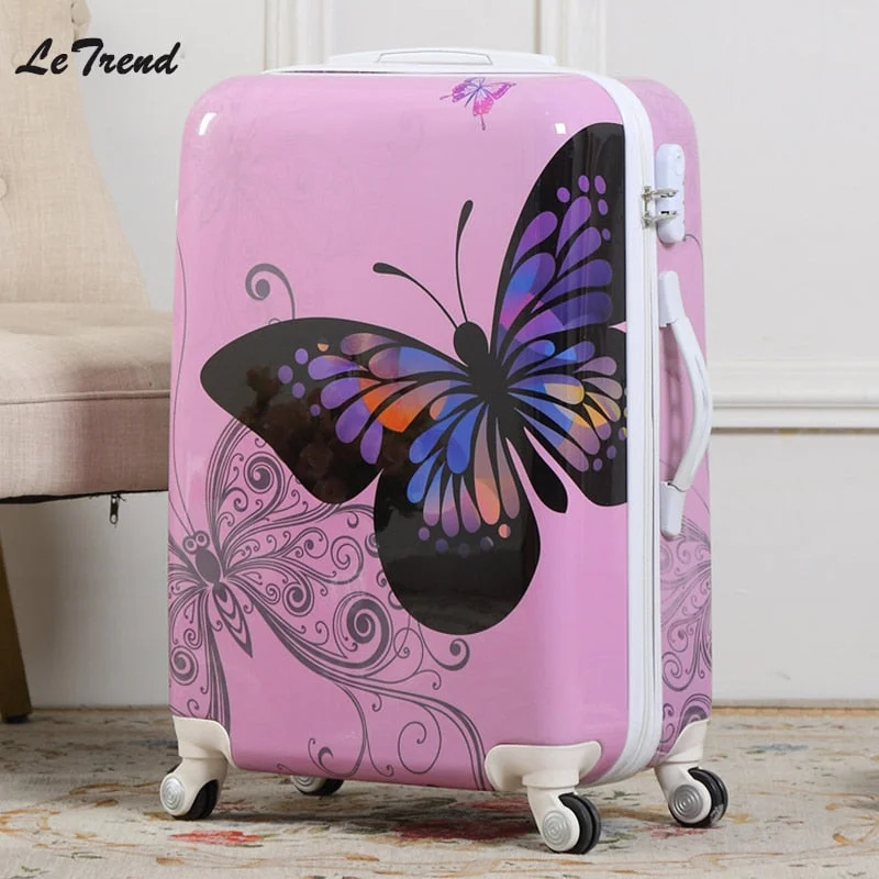 suitcase with glow reflectors -Letrend New Fashion Butterfly Rolling Luggage Spinner Trolley Case Travel Bag 20 Inch Boarding