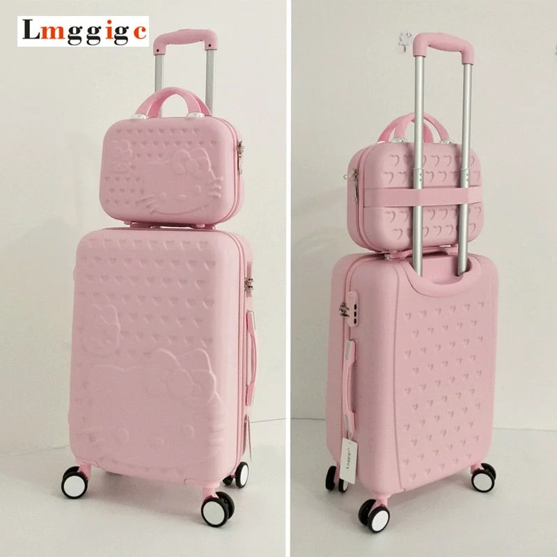 suitcase with adaptable design -Hello Kitty Luggage Bag,Children Women Suitcase Set,Abs Cartoon Travel Box,Rolling Trolley Hardcase