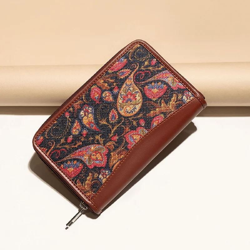 Beige denim wallet for shopping-Paisley Print Chain Wallet